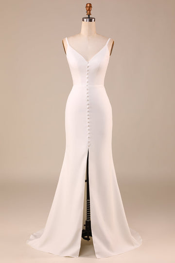 Enkel elfenbenshavfrue rygløs lang brudekjole med slids